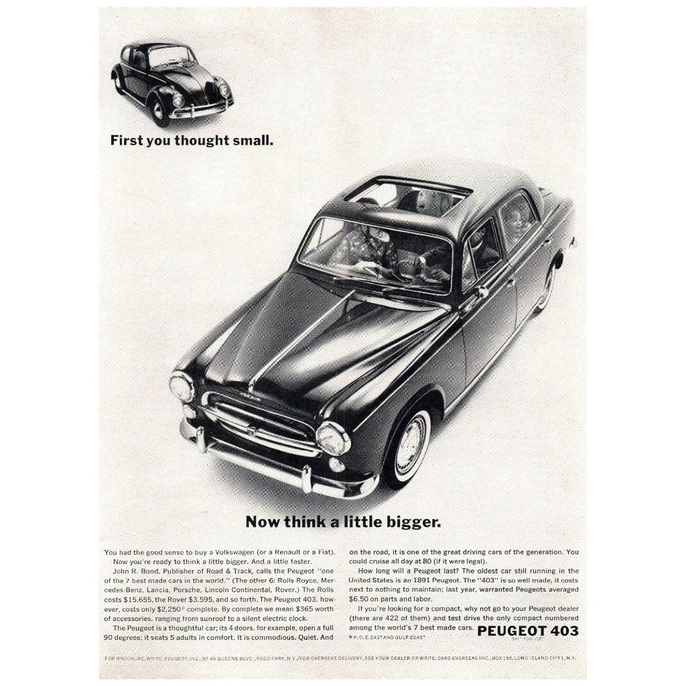 1963 Peugeot 403 Sedan Sunroof Thought Small Now Think Better Vintage Print Ad